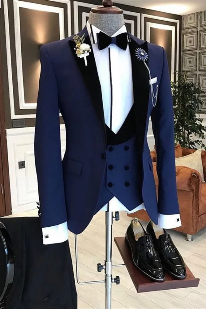 Bespoke Peaked Lapel Slim Fit Dark Navy Formal Business Men Suit