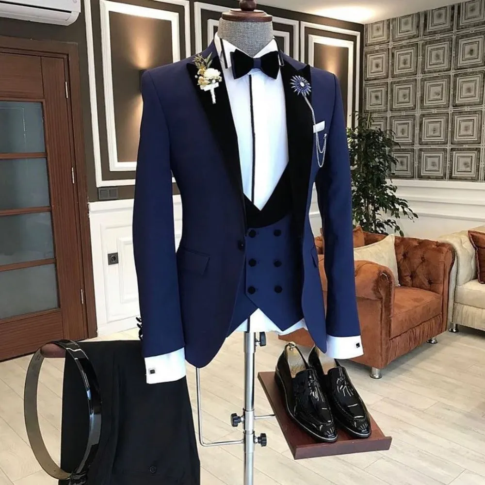 Bespoke Peaked Lapel Slim Fit Dark Navy Formal Business Men Suit