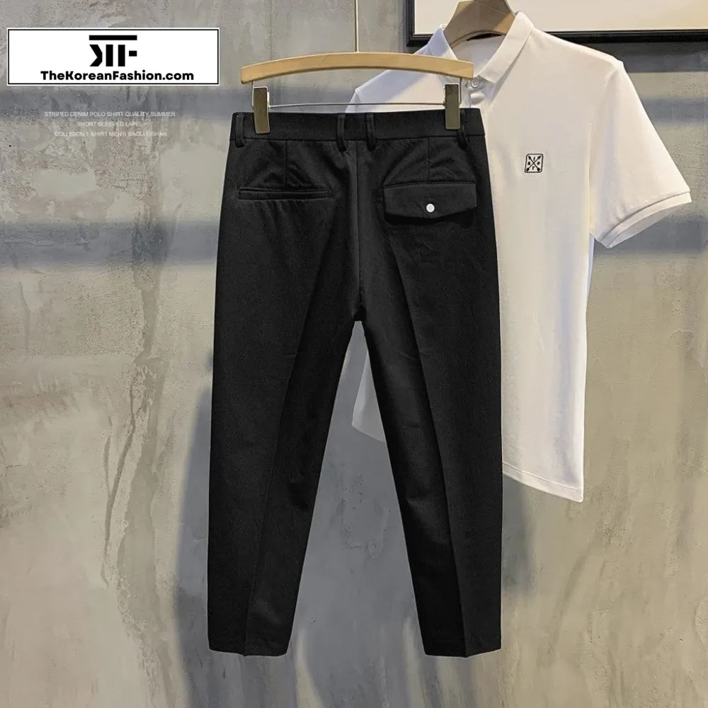 Button Buckle Slim Suit Pants