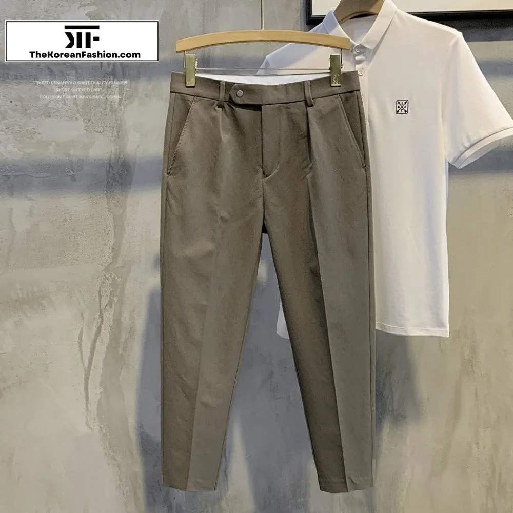 Button Buckle Slim Suit Pants