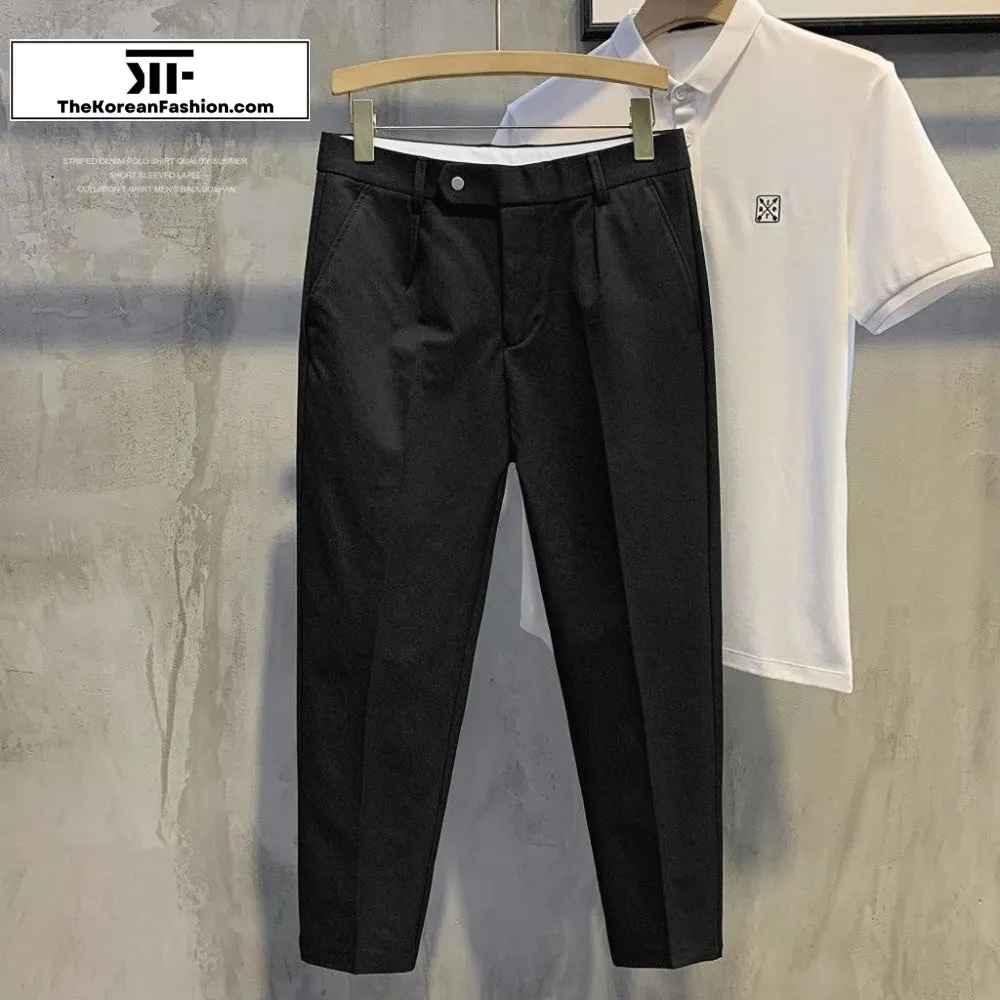 Button Buckle Slim Suit Pants