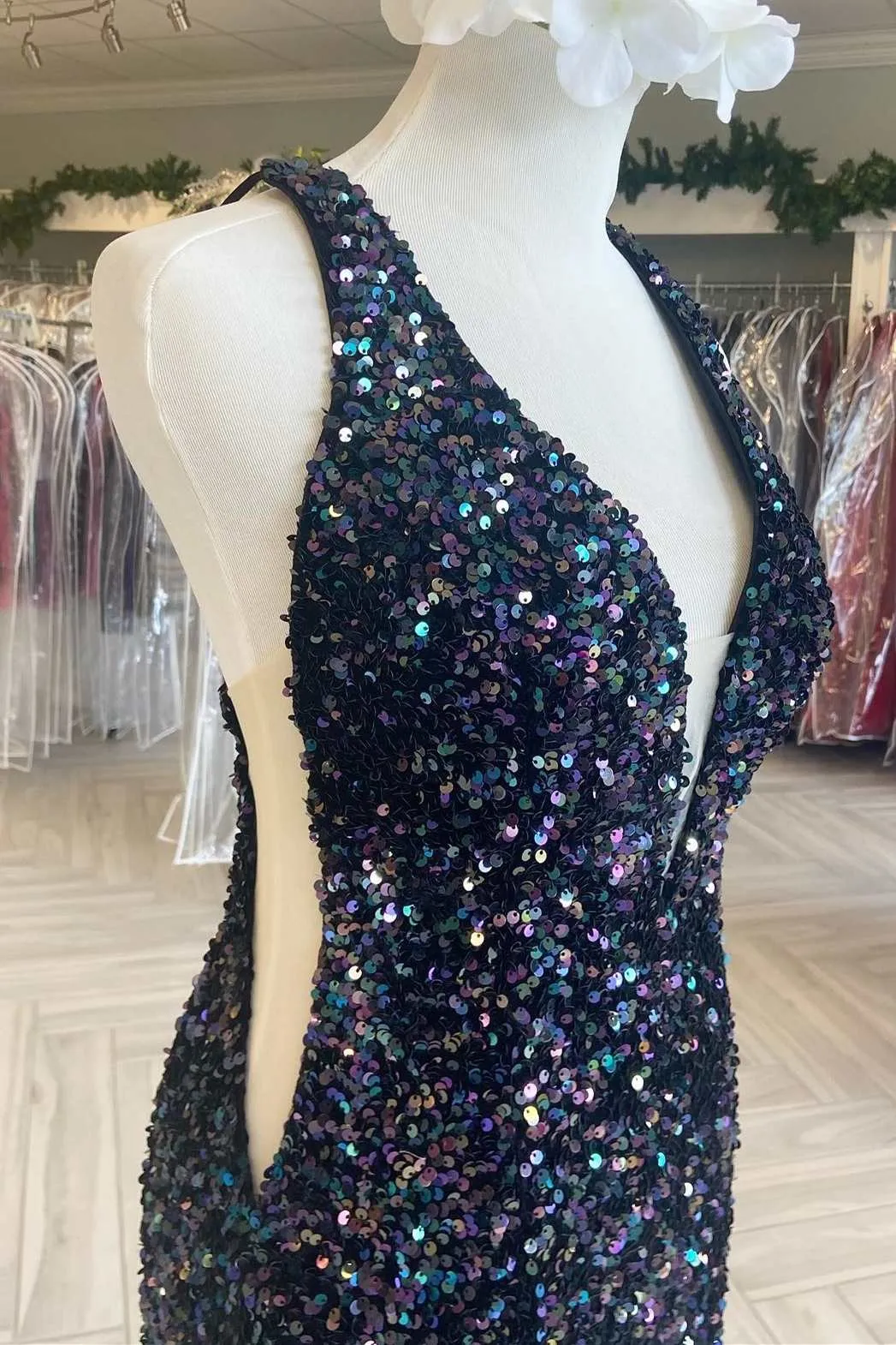 Cheap Meremaid Iridescent Sequin Prom Dress Cheap V Neck Long Formal Dress