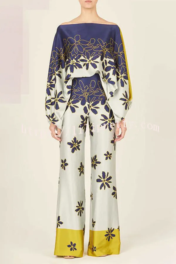 Coco Satin Unique Print Off Shoulder Dolman Sleeve Top and Loose Wide Leg Pants Set