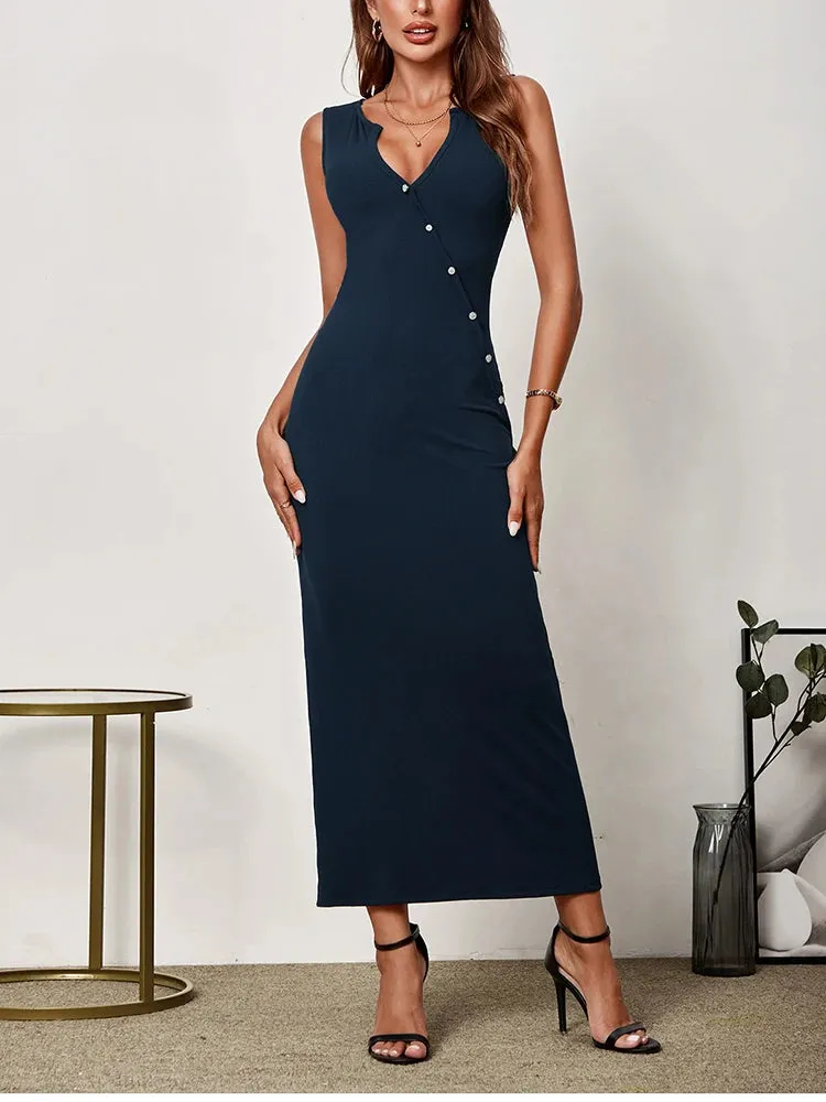 Deep V-Neck Knit Button Dress