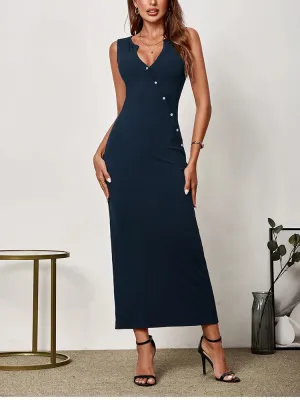 Deep V-Neck Knit Button Dress