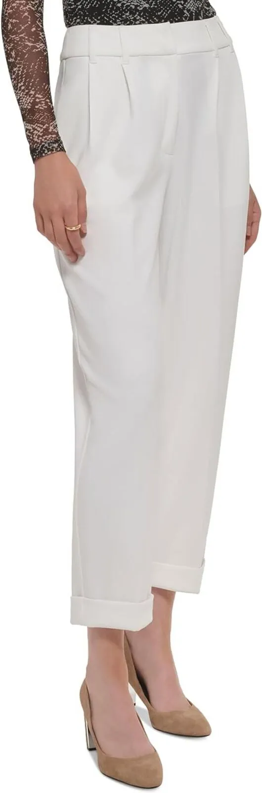 DKNY Womens Pleated Straight-Leg Pants P2JKAO18 Ivory White 14