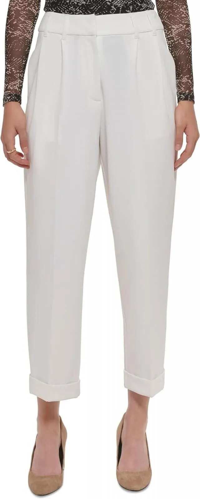 DKNY Womens Pleated Straight-Leg Pants P2JKAO18 Ivory White 14