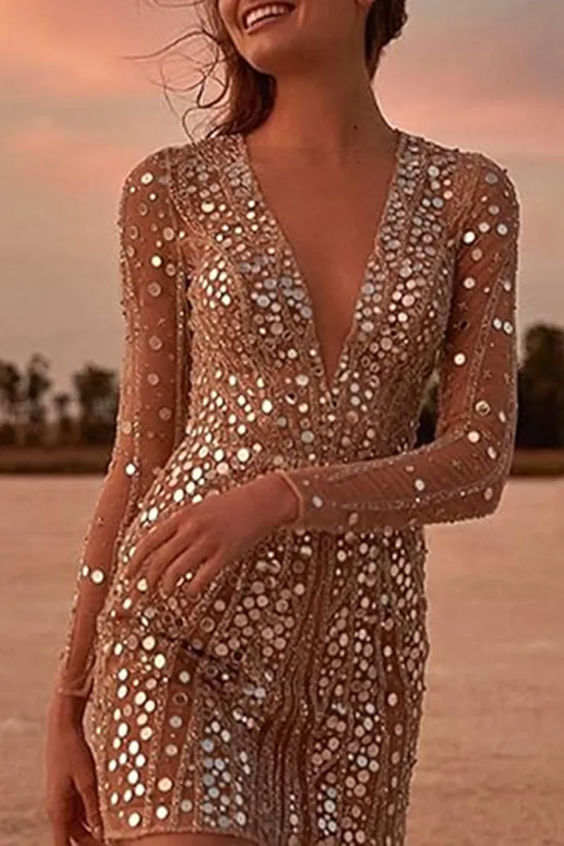Fashion Elegant Patchwork Sequins See-through Mesh V Neck Pencil Skirt Dresses