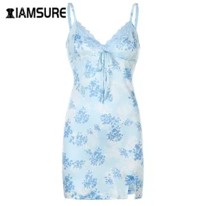 Fashion Lace Edge Sexy V-Neck Split Bodycon Dress For Women Flower Print