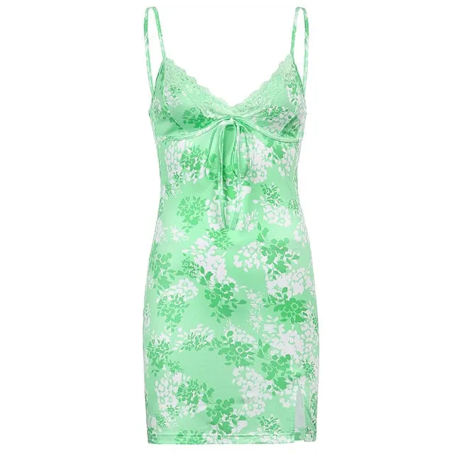 Fashion Lace Edge Sexy V-Neck Split Bodycon Dress For Women Flower Print