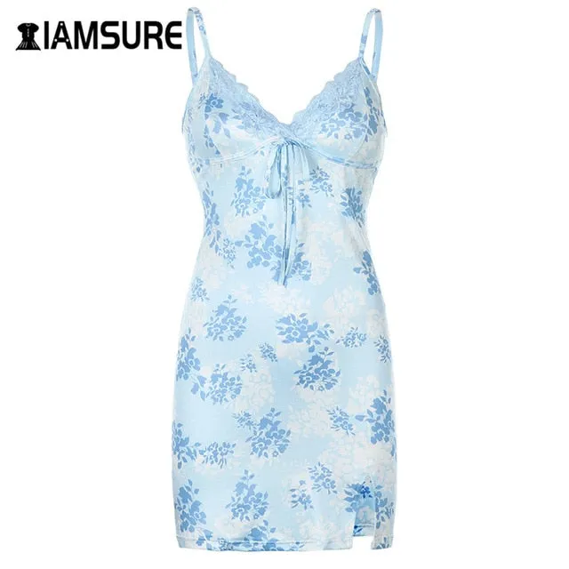 Fashion Lace Edge Sexy V-Neck Split Bodycon Dress For Women Flower Print