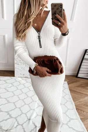 Fashion Street Solid Patchwork V Neck Pencil Skirt Dresses(3 Colors)