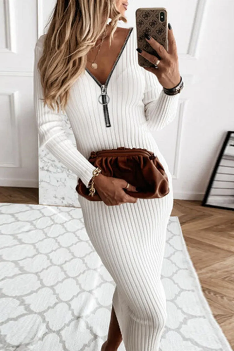 Fashion Street Solid Patchwork V Neck Pencil Skirt Dresses(3 Colors)