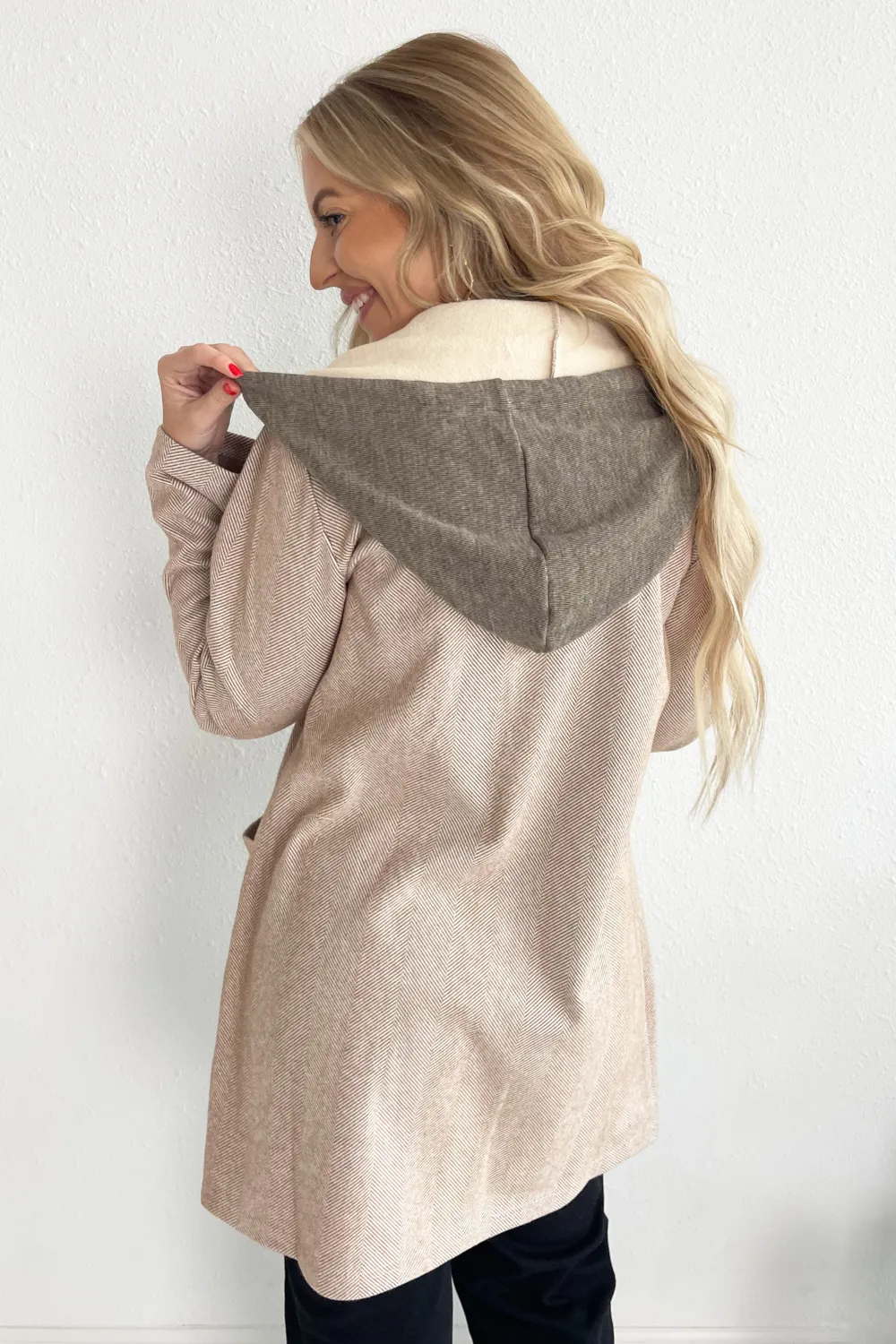 Faux Hoodie Insert Herringbone Coat