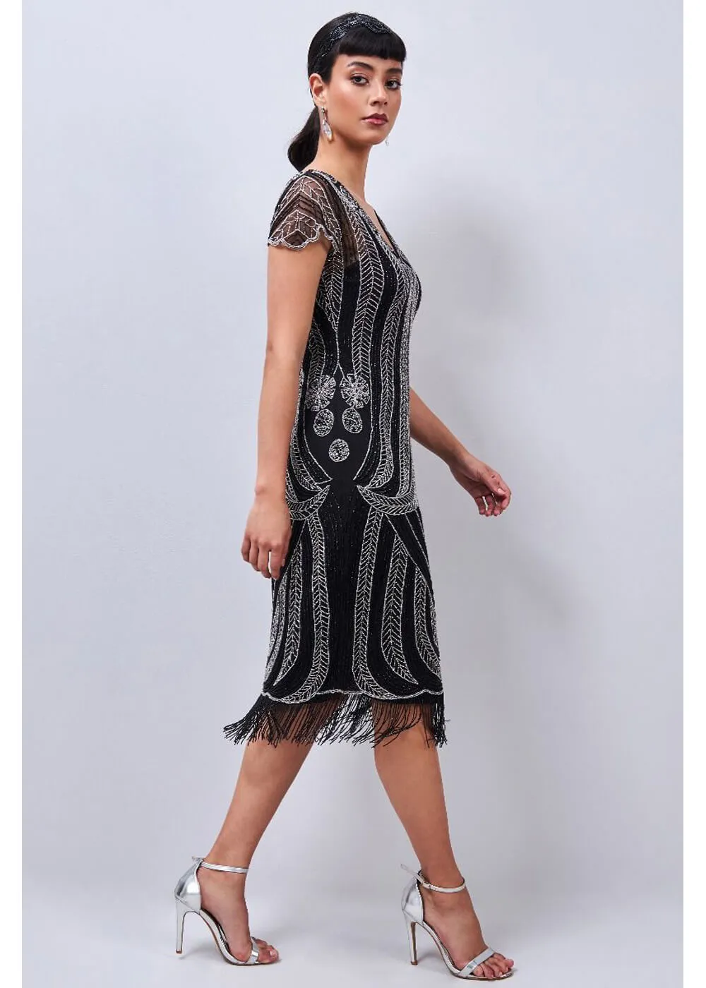 Gatsbylady Dorothy Fringe 20's Flapper Dress Black Silver