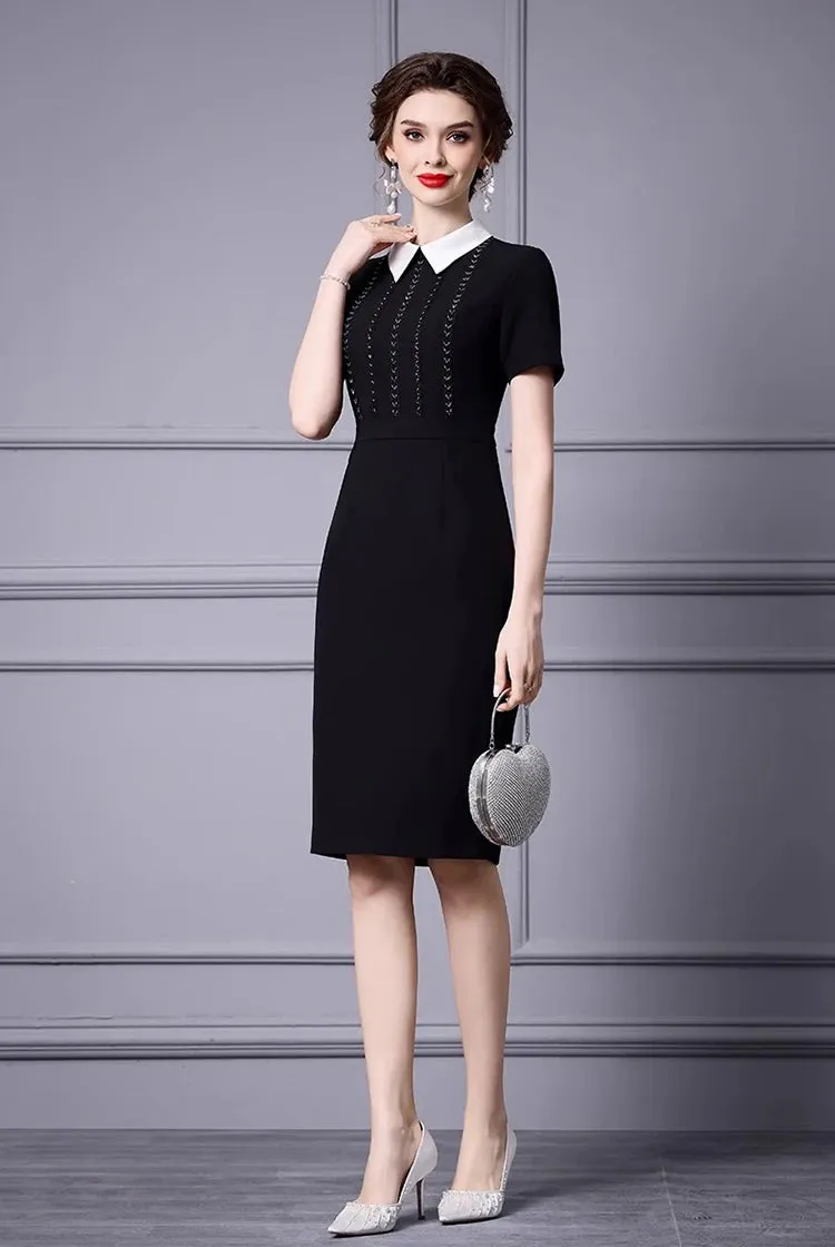 Greta Turn-Down Collar Short-Sleeved Nail Beads Office Lady Pencil Hip Wrap Dress