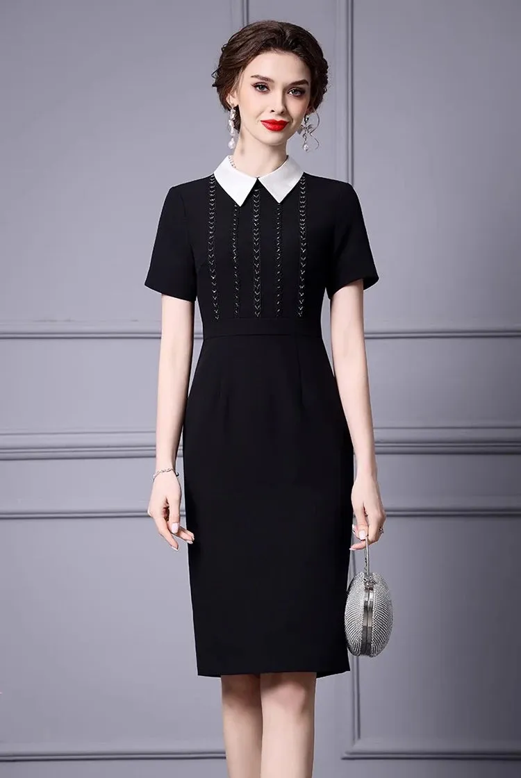 Greta Turn-Down Collar Short-Sleeved Nail Beads Office Lady Pencil Hip Wrap Dress
