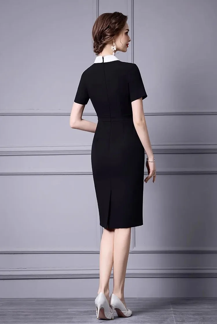 Greta Turn-Down Collar Short-Sleeved Nail Beads Office Lady Pencil Hip Wrap Dress