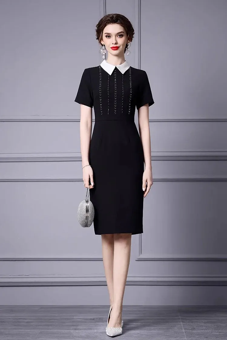 Greta Turn-Down Collar Short-Sleeved Nail Beads Office Lady Pencil Hip Wrap Dress