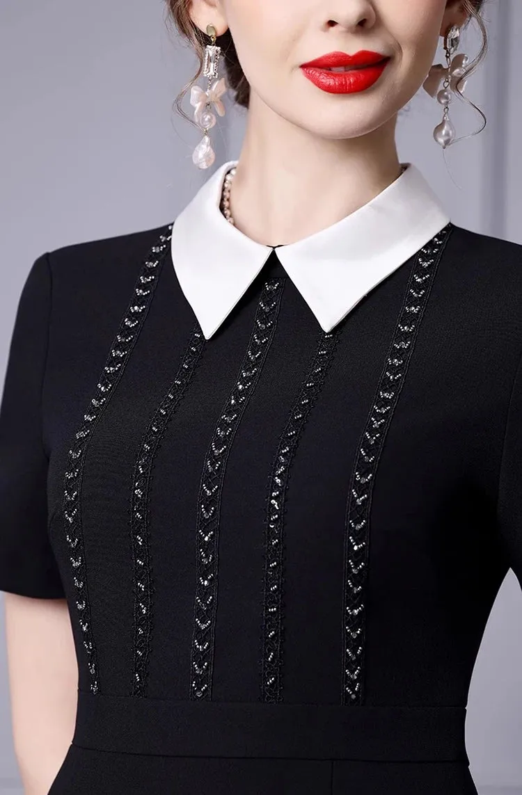 Greta Turn-Down Collar Short-Sleeved Nail Beads Office Lady Pencil Hip Wrap Dress