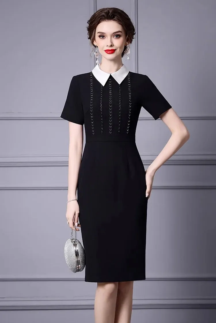 Greta Turn-Down Collar Short-Sleeved Nail Beads Office Lady Pencil Hip Wrap Dress