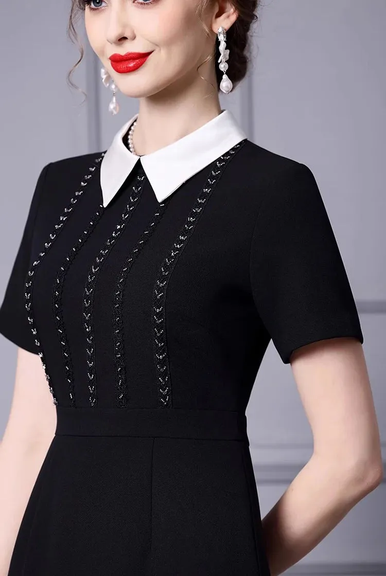 Greta Turn-Down Collar Short-Sleeved Nail Beads Office Lady Pencil Hip Wrap Dress