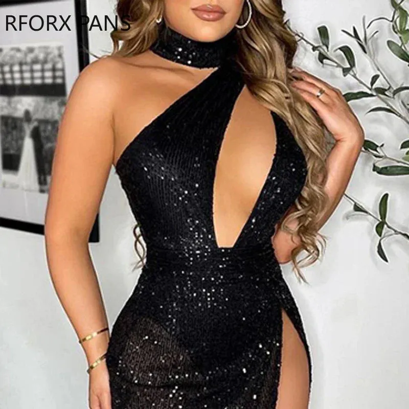 Halter Cold Shoulder Sequins High Silt Asymmetrical Bodycon