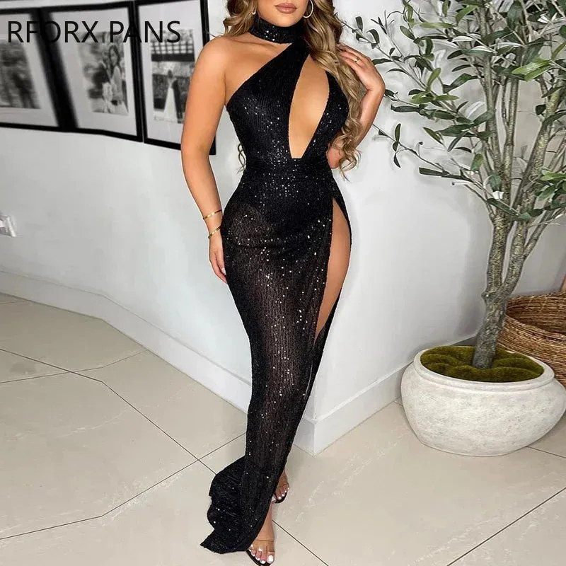 Halter Cold Shoulder Sequins High Silt Asymmetrical Bodycon