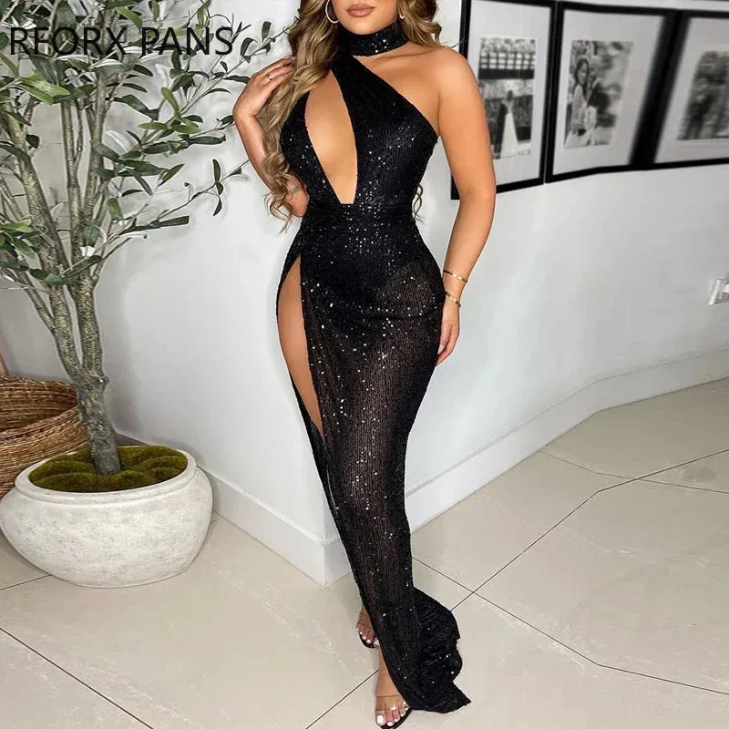 Halter Cold Shoulder Sequins High Silt Asymmetrical Bodycon
