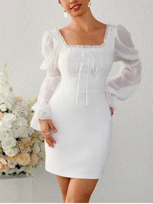 Lantern Sleeve Lace Double Layer Tie Up Dress