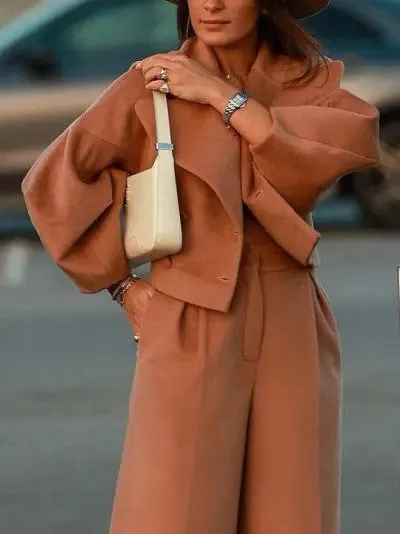 Lapel Short Jacket  High Waist Pants Suit - Solid Color Ensemble