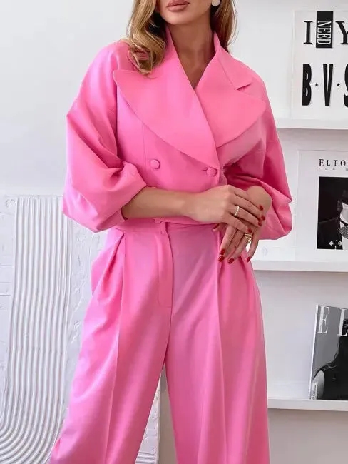 Lapel Short Jacket  High Waist Pants Suit - Solid Color Ensemble