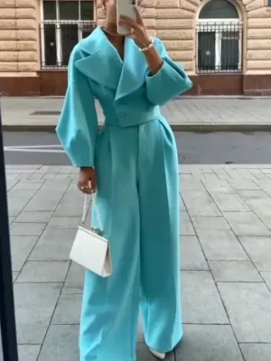 Lapel Short Jacket  High Waist Pants Suit - Solid Color Ensemble