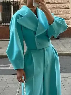 Lapel Short Jacket  High Waist Pants Suit - Solid Color Ensemble
