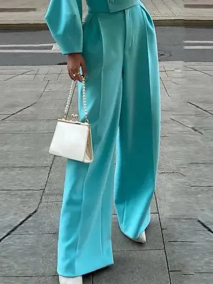Lapel Short Jacket  High Waist Pants Suit - Solid Color Ensemble