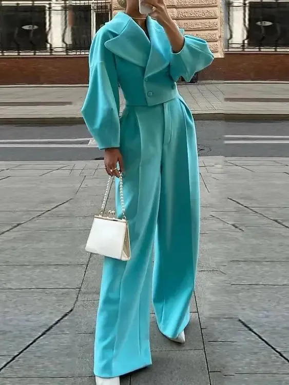 Lapel Short Jacket  High Waist Pants Suit - Solid Color Ensemble