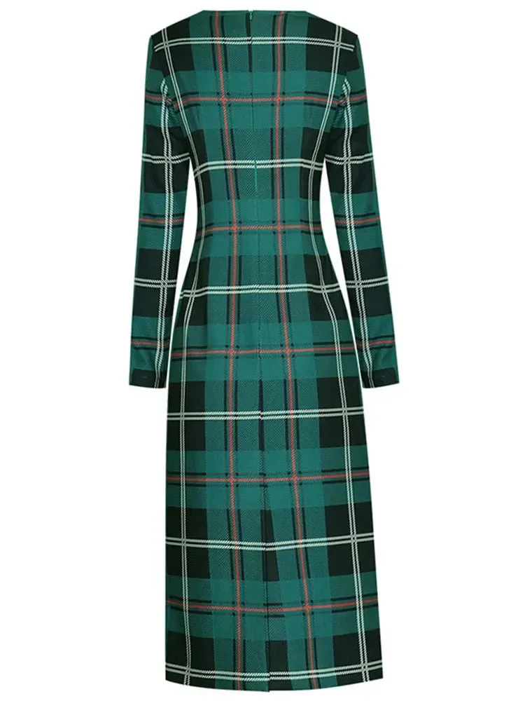 Lottie Long Sleeve Green Plaid Print Slim Lady Office Sheath Pencil Dress