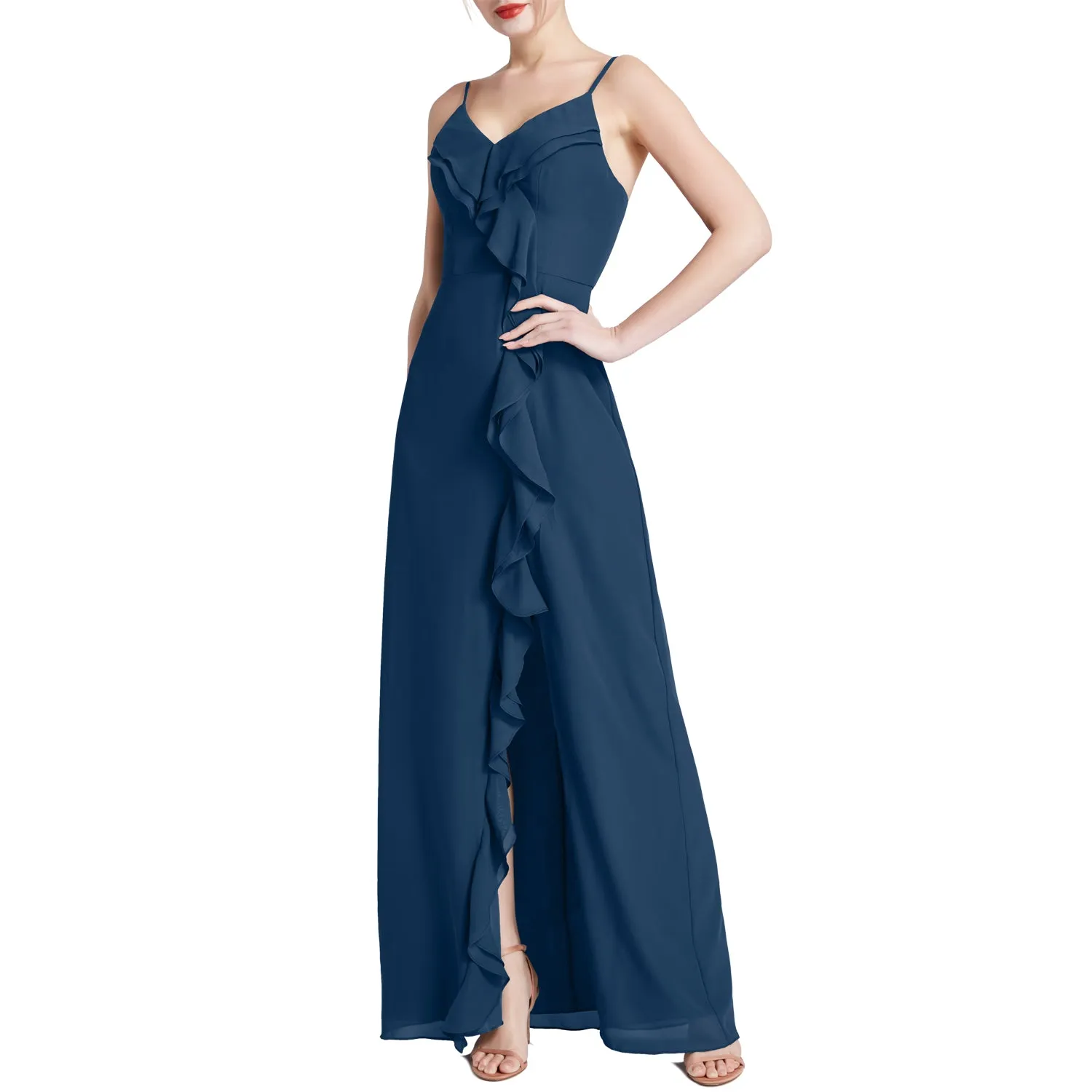 MACloth Women V Neck Ruffle Chiffon Long Wedding Party Bridesmaid Dresses Slit