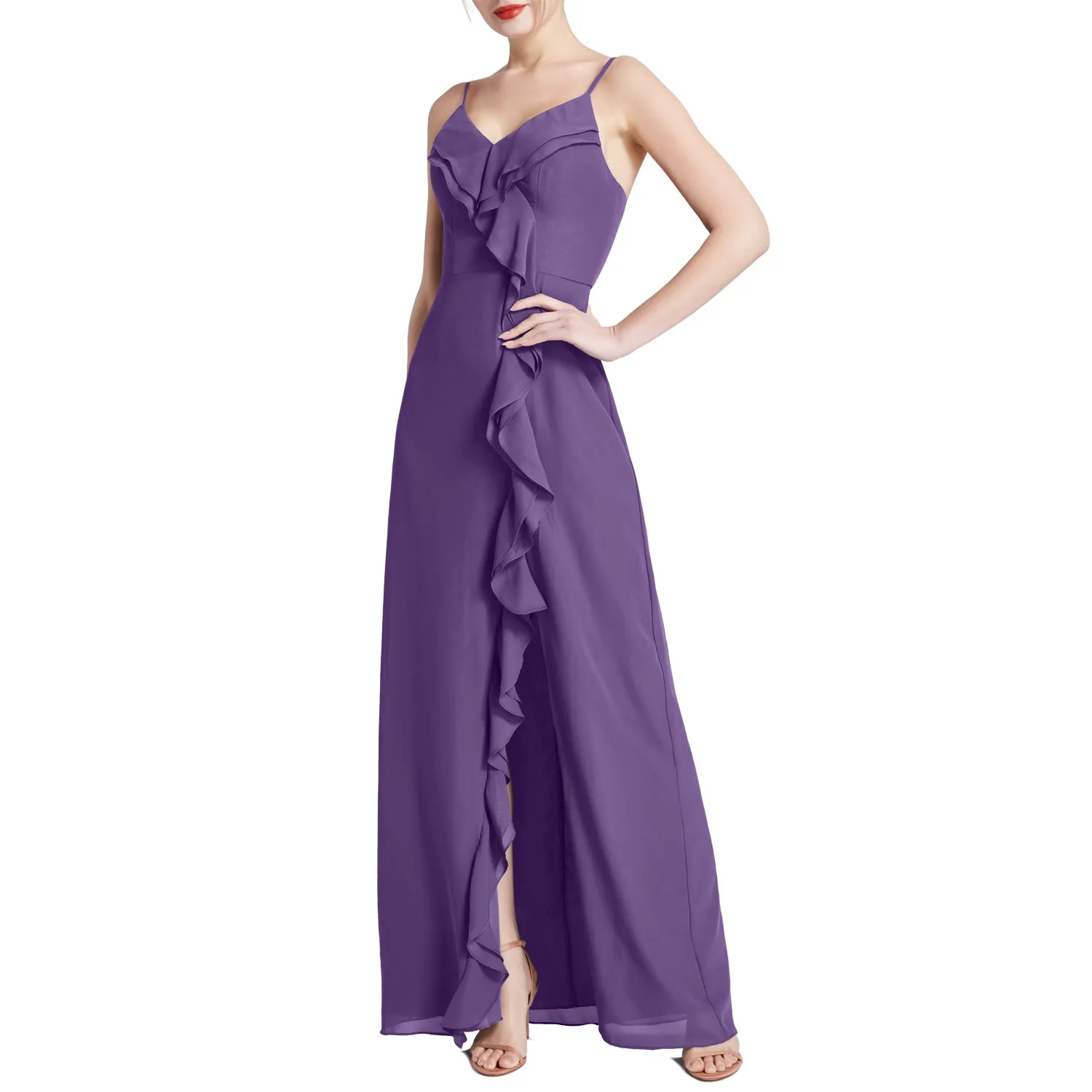 MACloth Women V Neck Ruffle Chiffon Long Wedding Party Bridesmaid Dresses Slit