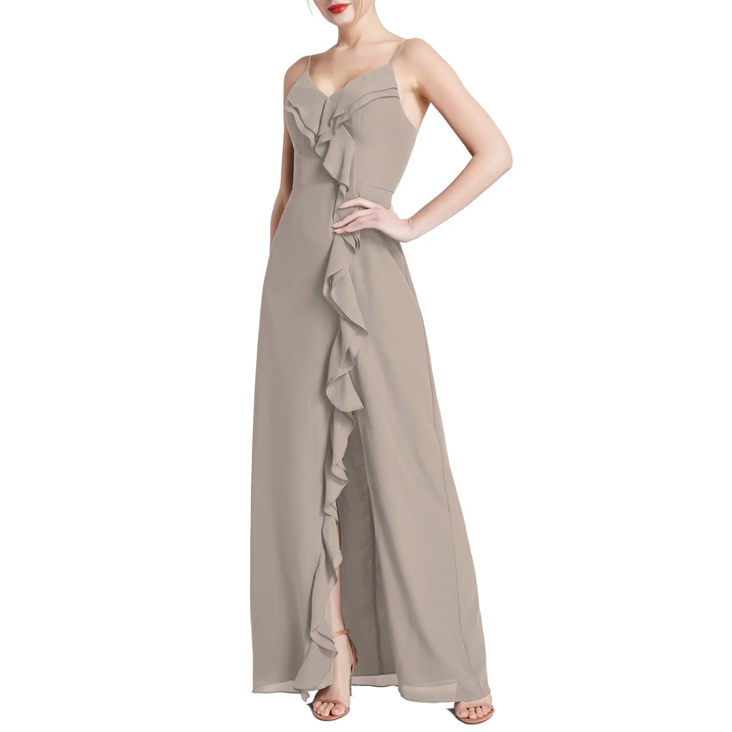 MACloth Women V Neck Ruffle Chiffon Long Wedding Party Bridesmaid Dresses Slit