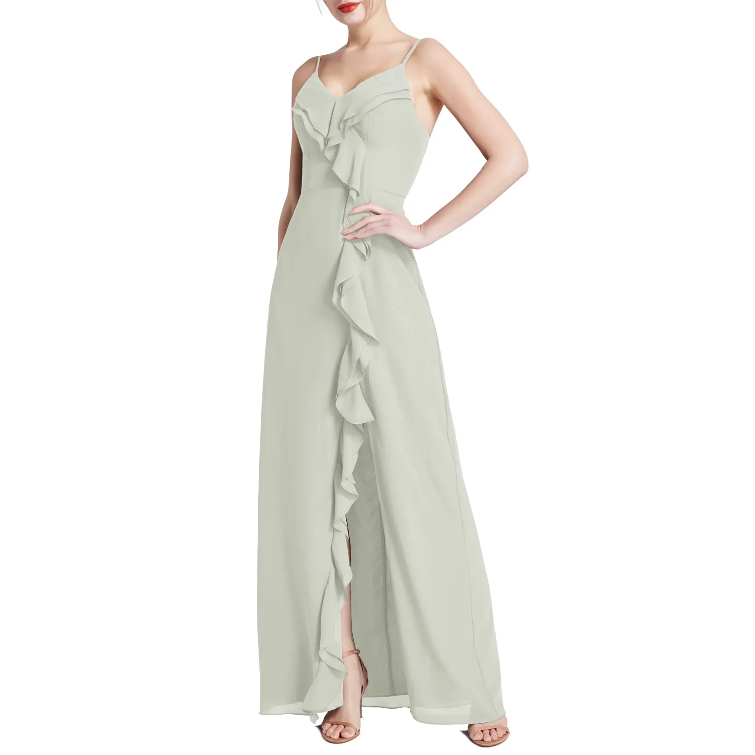 MACloth Women V Neck Ruffle Chiffon Long Wedding Party Bridesmaid Dresses Slit