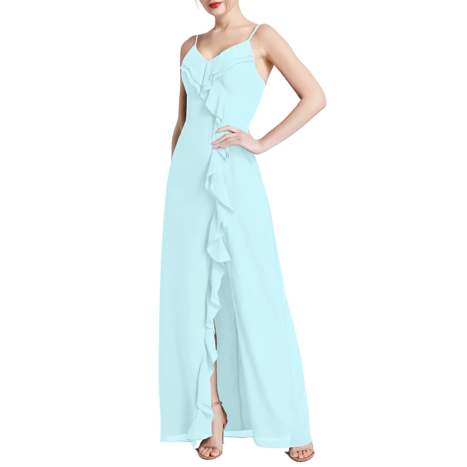 MACloth Women V Neck Ruffle Chiffon Long Wedding Party Bridesmaid Dresses Slit