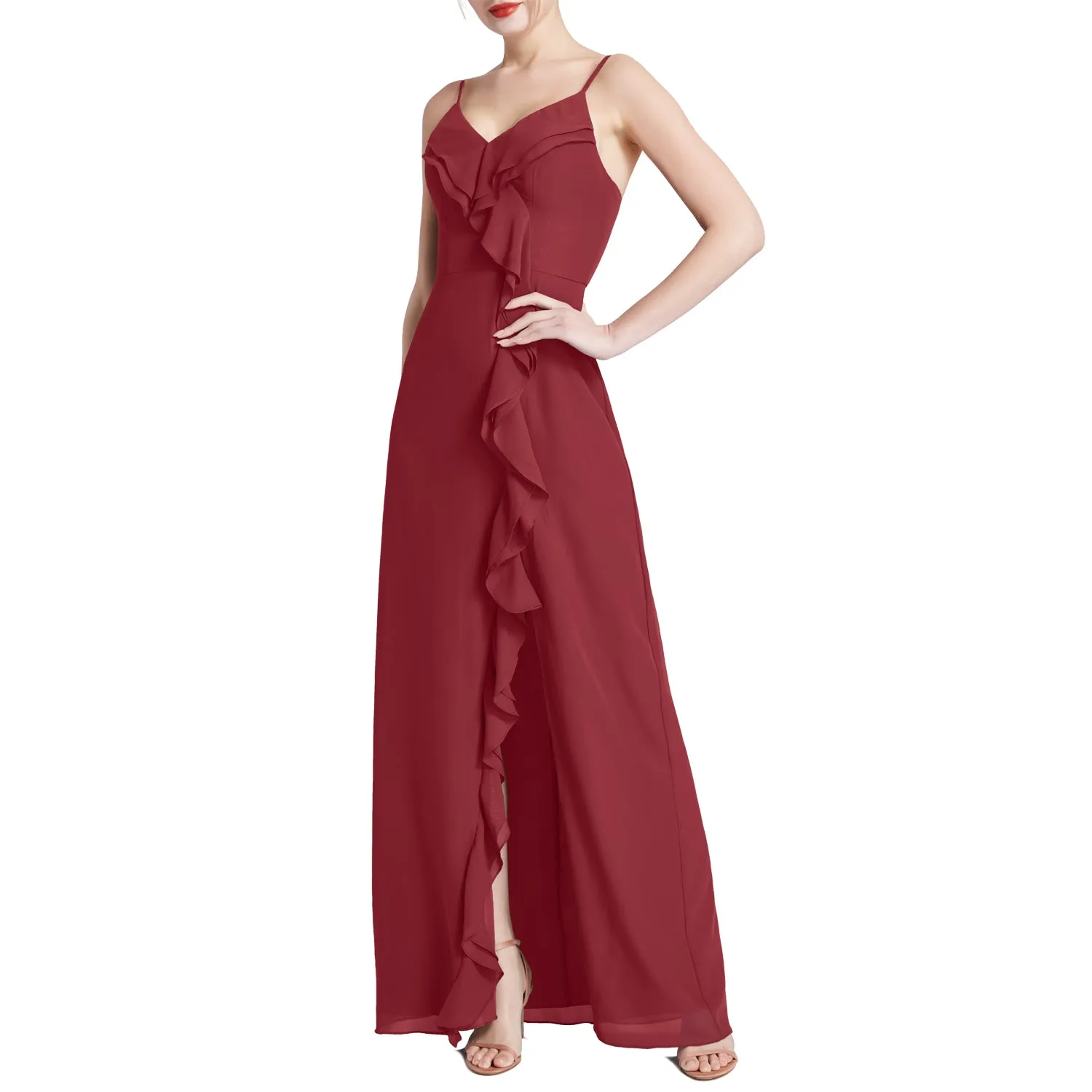MACloth Women V Neck Ruffle Chiffon Long Wedding Party Bridesmaid Dresses Slit