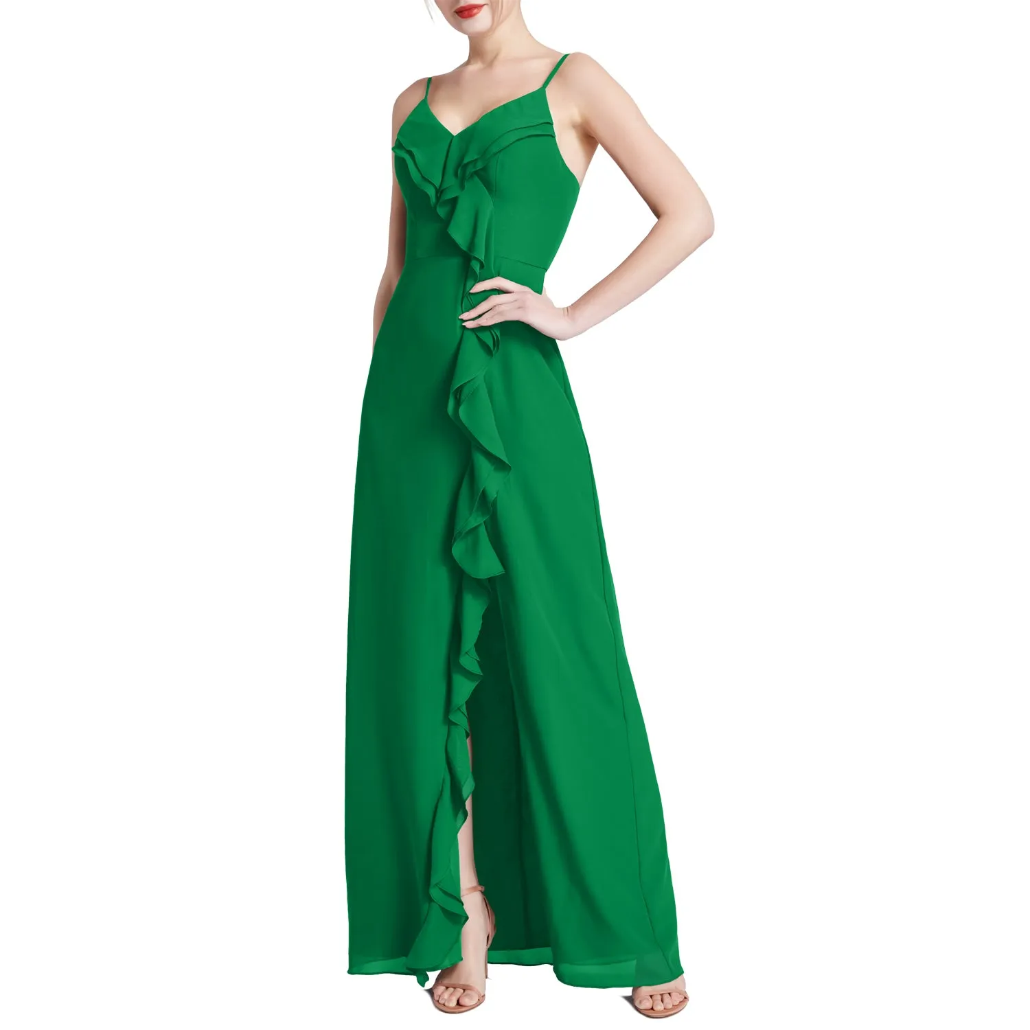 MACloth Women V Neck Ruffle Chiffon Long Wedding Party Bridesmaid Dresses Slit