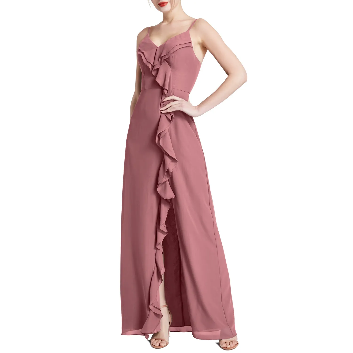 MACloth Women V Neck Ruffle Chiffon Long Wedding Party Bridesmaid Dresses Slit