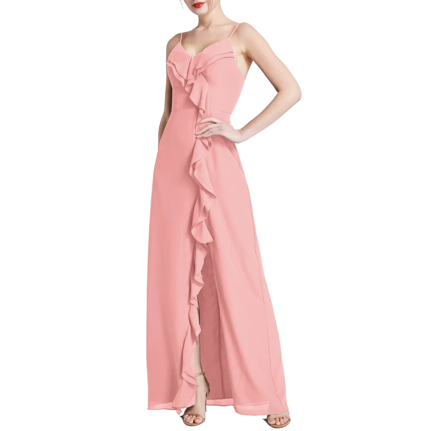 MACloth Women V Neck Ruffle Chiffon Long Wedding Party Bridesmaid Dresses Slit