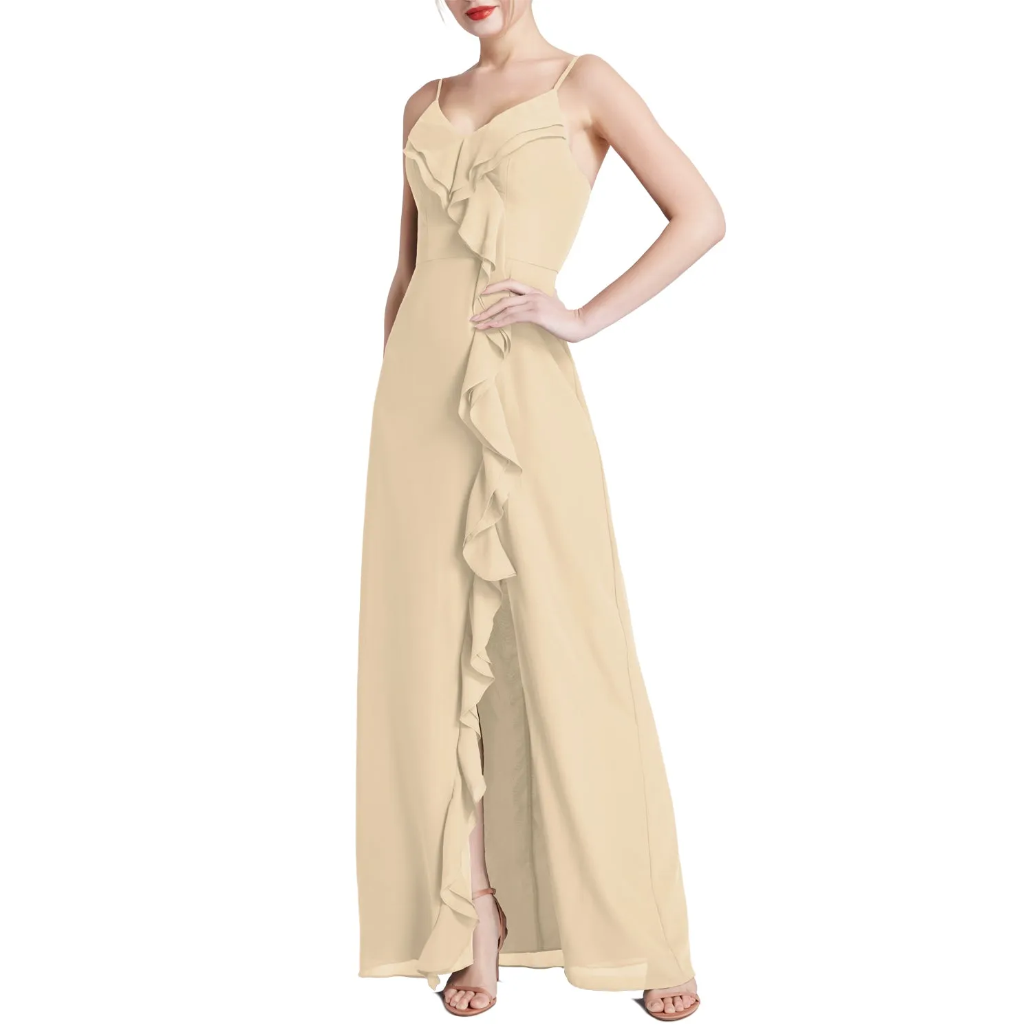 MACloth Women V Neck Ruffle Chiffon Long Wedding Party Bridesmaid Dresses Slit