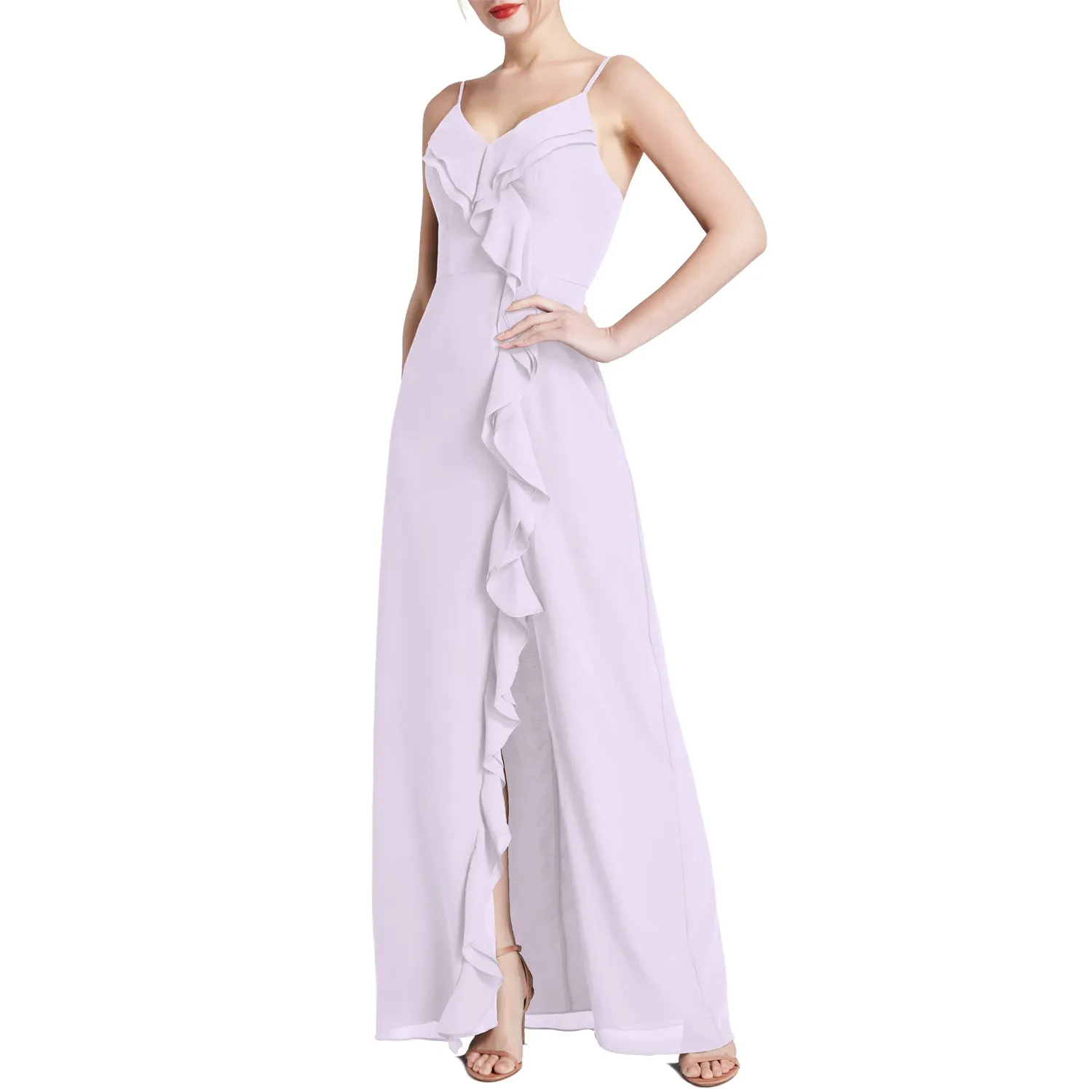 MACloth Women V Neck Ruffle Chiffon Long Wedding Party Bridesmaid Dresses Slit
