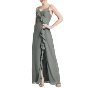 MACloth Women V Neck Ruffle Chiffon Long Wedding Party Bridesmaid Dresses Slit