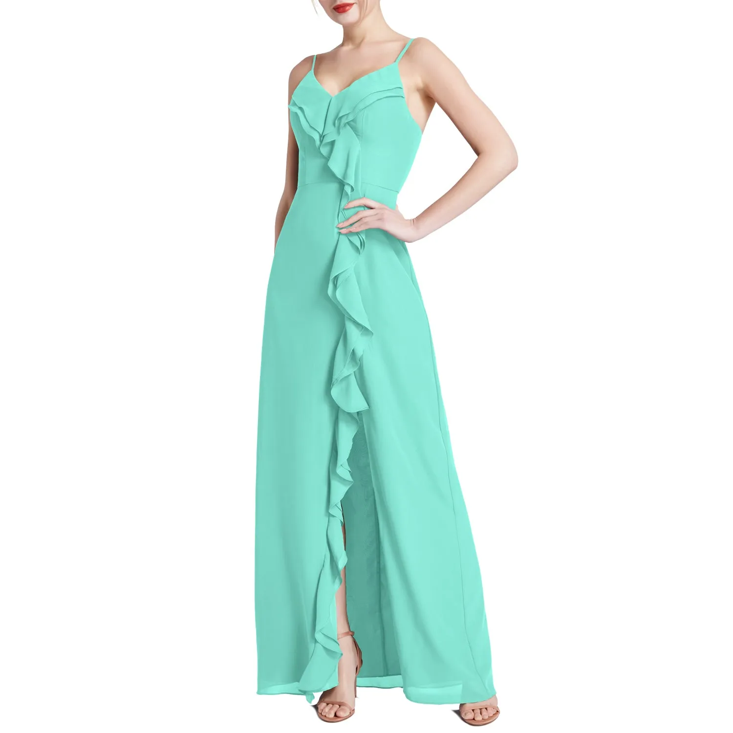 MACloth Women V Neck Ruffle Chiffon Long Wedding Party Bridesmaid Dresses Slit